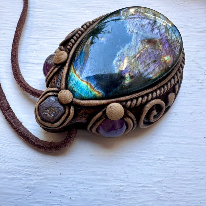 Labradorite Boulder Opal and Amethyst Necklace - FairyGardenGlow