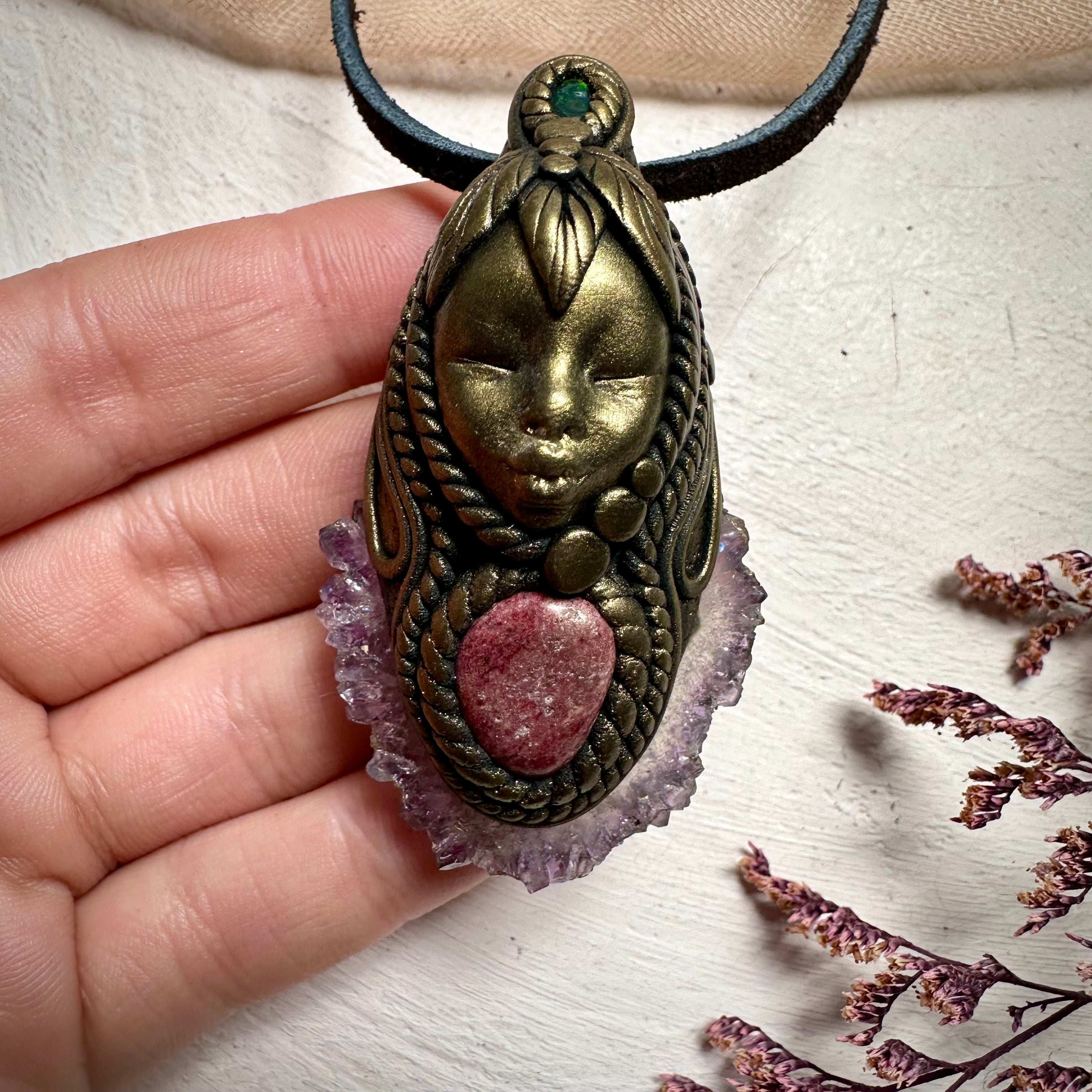 Amethyst Stalactite Thulite and Black Opal Goddess Necklace - FairyGardenGlow