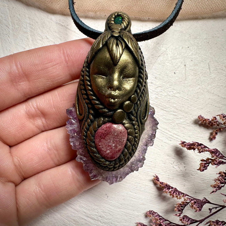 Amethyst Stalactite Thulite and Black Opal Goddess Necklace - FairyGardenGlow