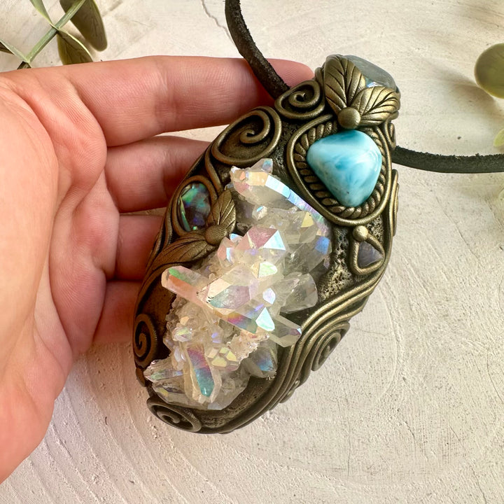 One of a kind spiritual jewelry featuring Angel Aura Quartz, Larimar and Aqua Aura Quartz.