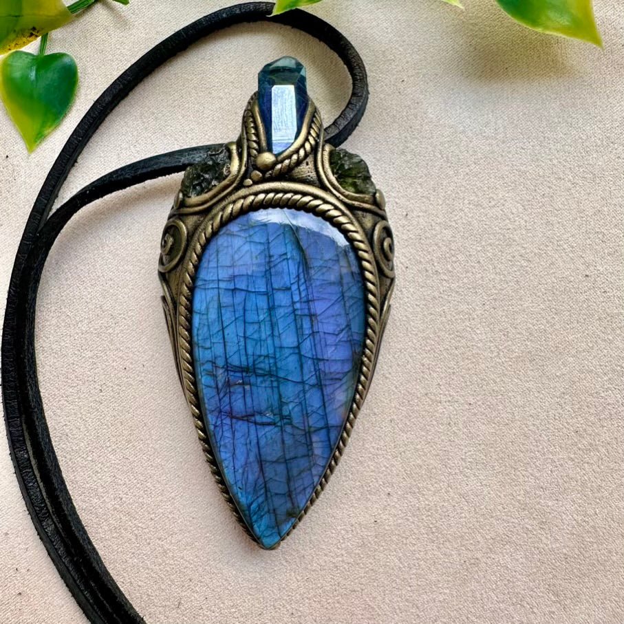 Large Deep Purple-Blue Labradorite with Aqua Aura Quartz and Moldavite Necklace FairyGardenGlow