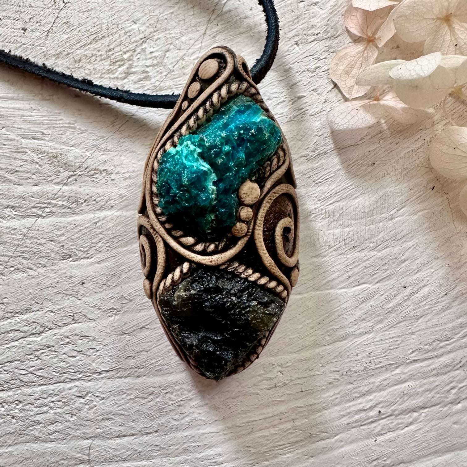 Raw Chrysocolla and Moldavite Pendant Necklace - FairyGardenGlow