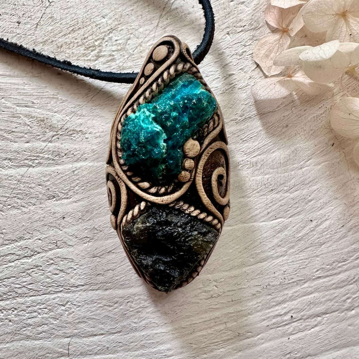Raw Chrysocolla and Moldavite Pendant Necklace - FairyGardenGlow