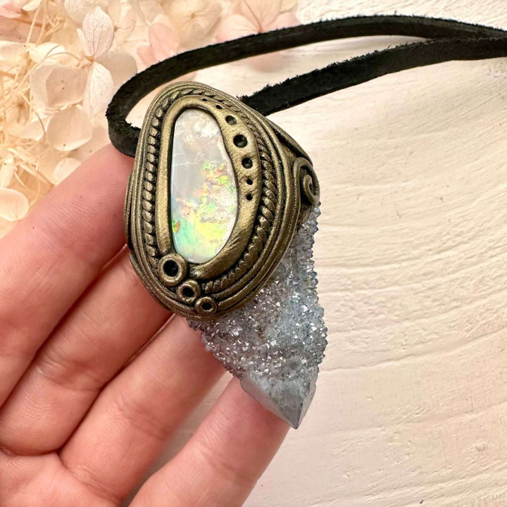 Aqua Aura Spirit Quartz and Coober Pedy Australian Opal Necklace - FairyGardenGlow