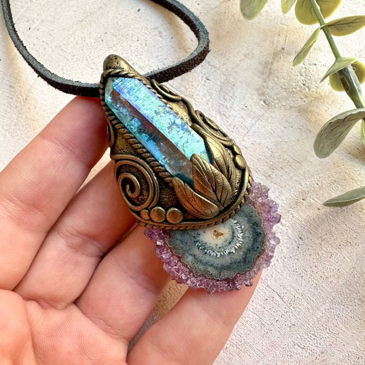 Handmade spiritual necklace featuring Amethyst Stalactite and blue-toned Aqua Aura Quartz.
