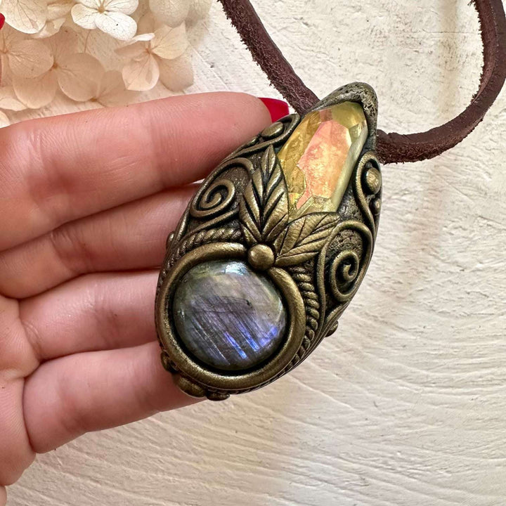 Labradorite and Sunset Aura Quartz Necklace - FairyGardenGlow