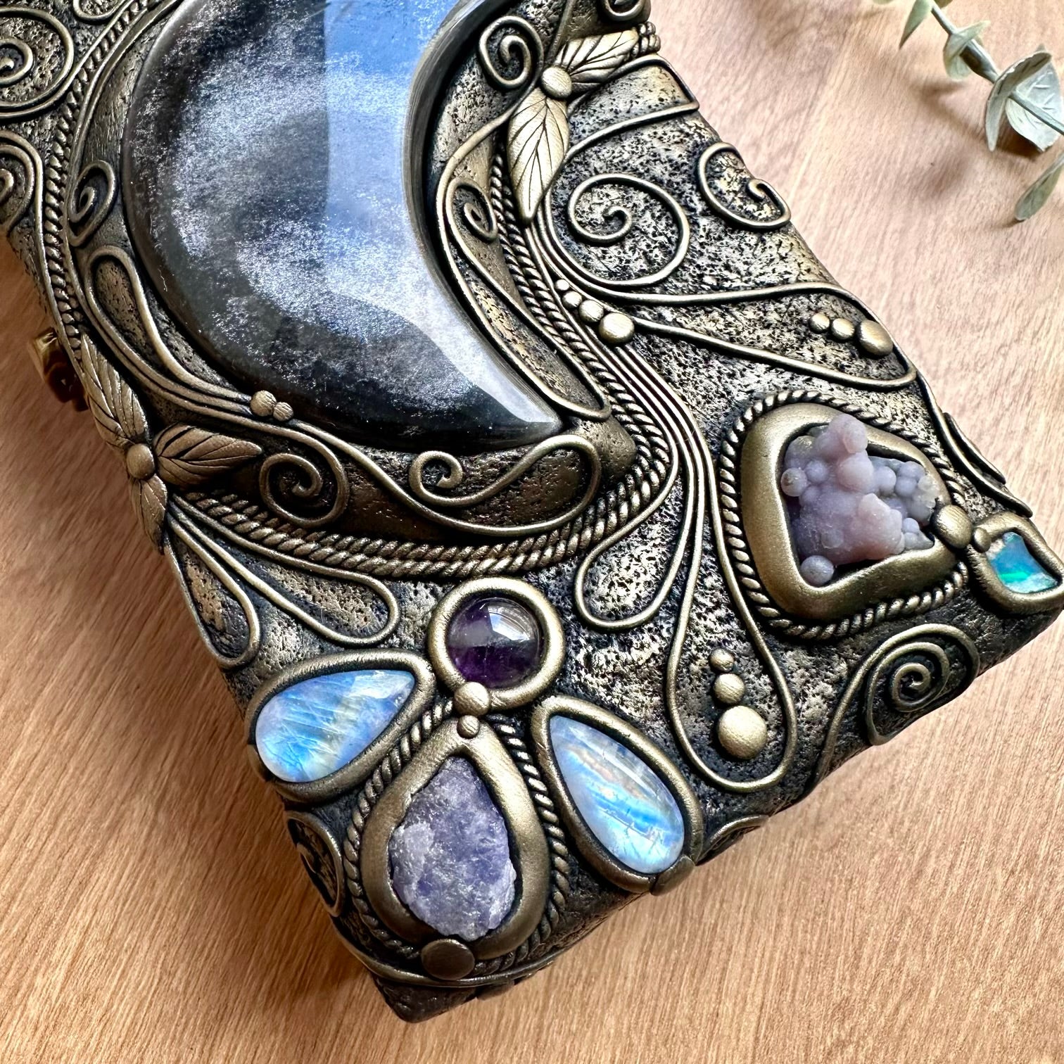 High vibrational handmade wooden box decorated with natural healing crystals