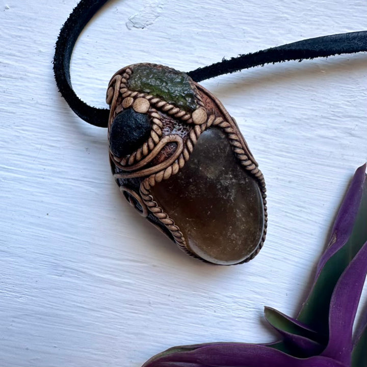 Citrine Moldavite and Black Tektite Necklace, Healing Crystal Jewelry - FairyGardenGlow