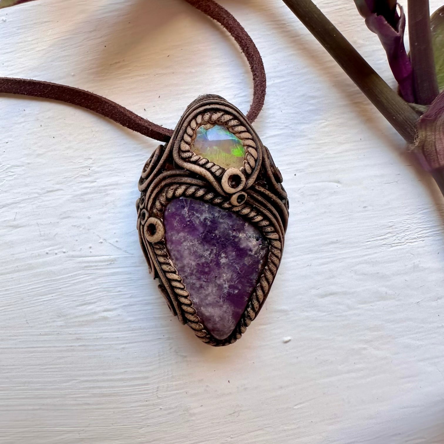 Lepidolite and Raw Opal Necklace - FairyGardenGlow