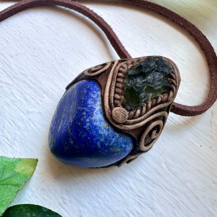 Lapis Lazuli and Moldavite Necklace - FairyGardenGlow