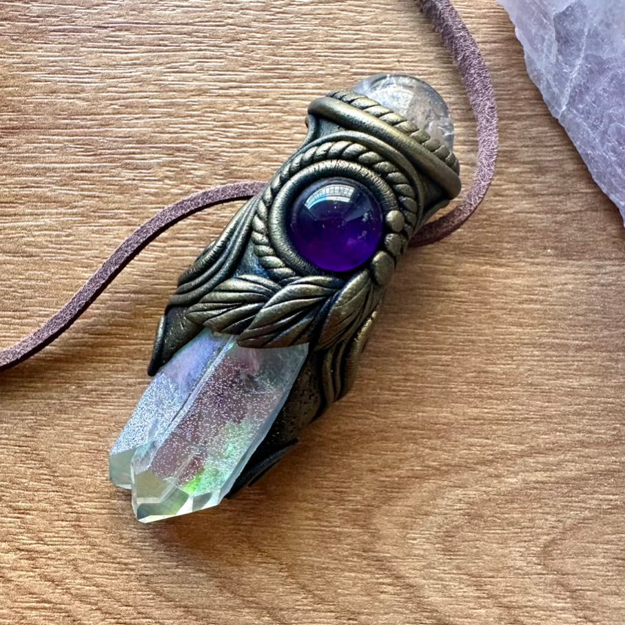 Angel Aura Quartz Clear Quartz Sphere and Amethyst Healing Crystal Talisman / Mini Crystal Wand - FairyGardenGlow