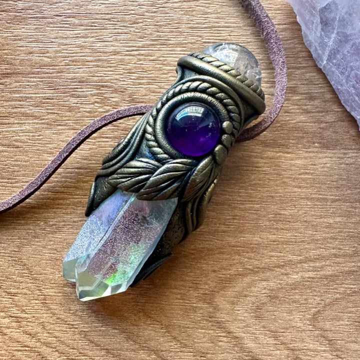 Angel Aura Quartz Clear Quartz Sphere and Amethyst Healing Crystal Talisman / Mini Crystal Wand - FairyGardenGlow