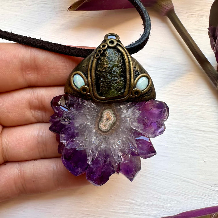 Amethyst Stalactite Moldavite and Australian Opal Necklace - FairyGardenGlow