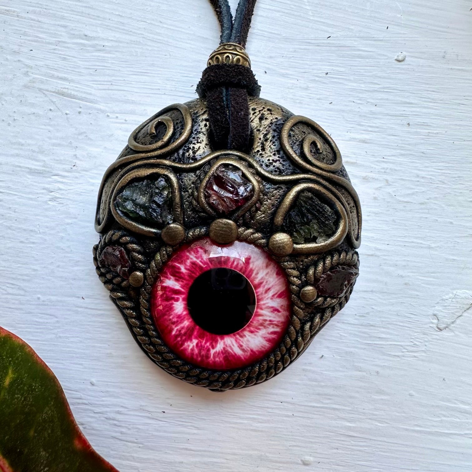 Moldavite and Garnet Eye Necklace - FairyGardenGlow