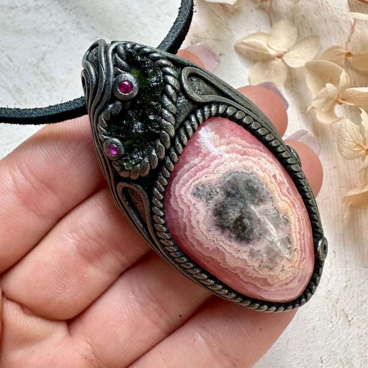 Rhodochrosite Moldavite and Ruby Clay Crystal Necklace - FairyGardenGlow
