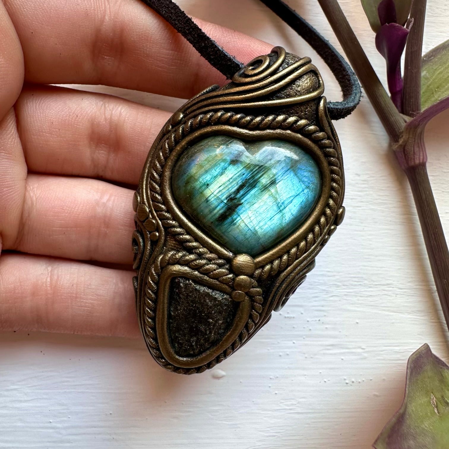 Labradorite Heart and Moldavite Necklace - FairyGardenGlow
