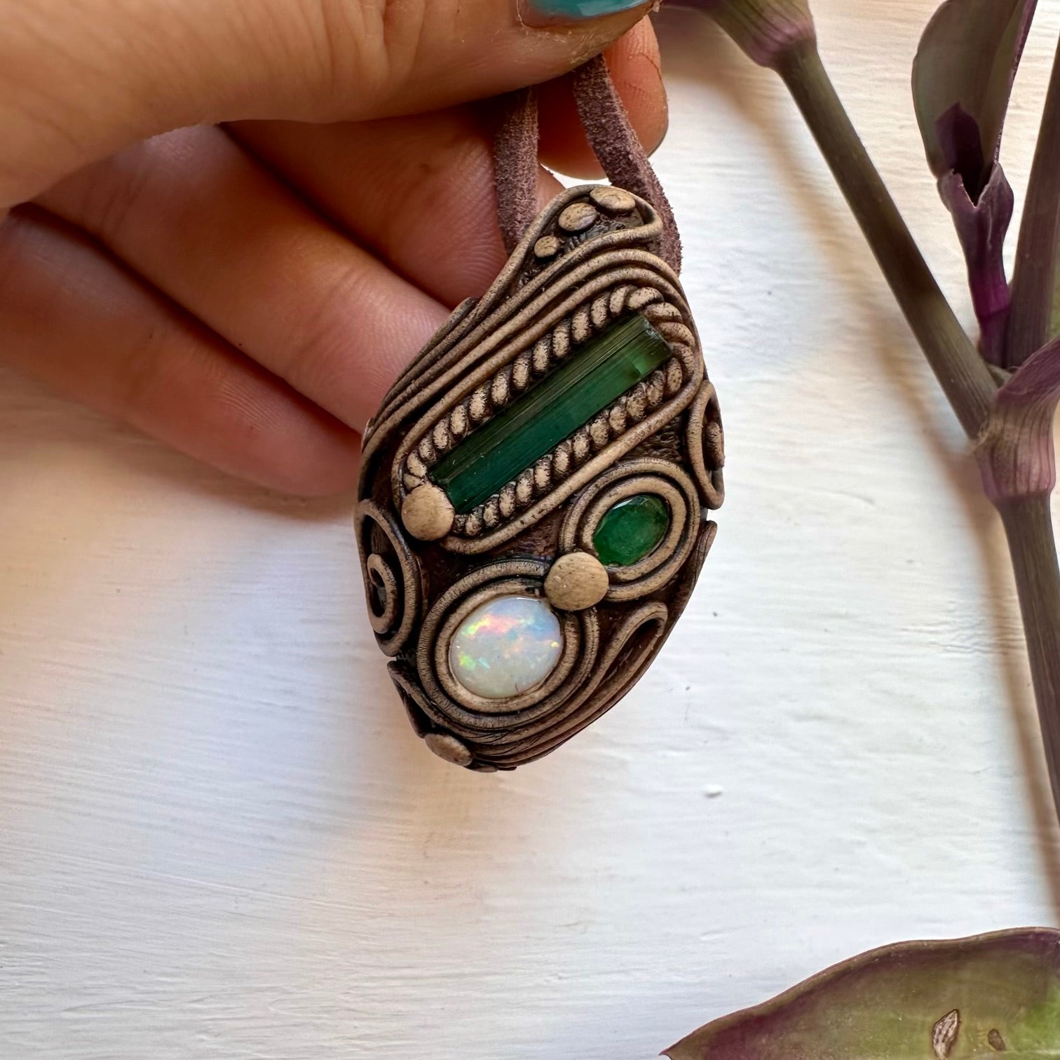 Green Tourmaline Emerald and Australian Opal Necklace - FairyGardenGlow