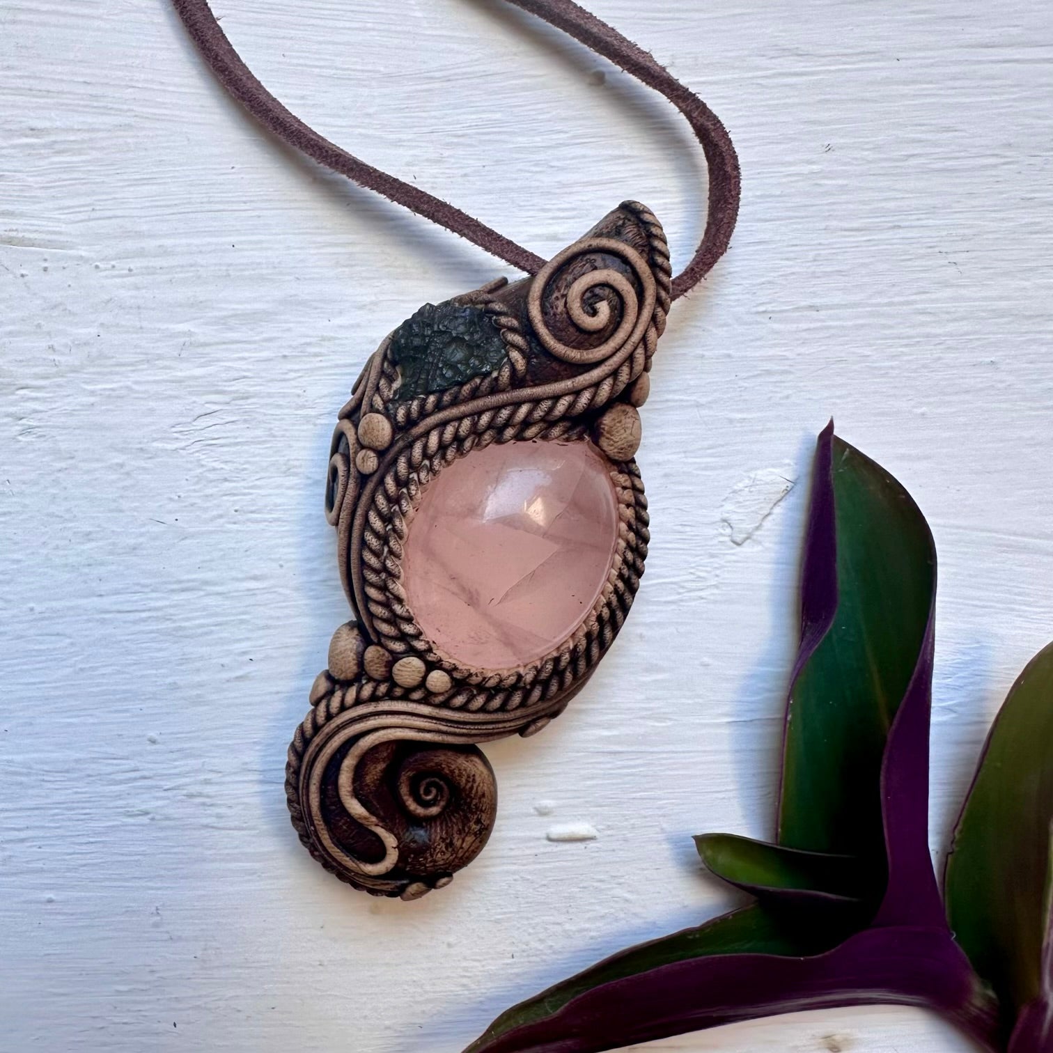 Rose Quartz and Moldavite Pendant Necklace - FairyGardenGlow