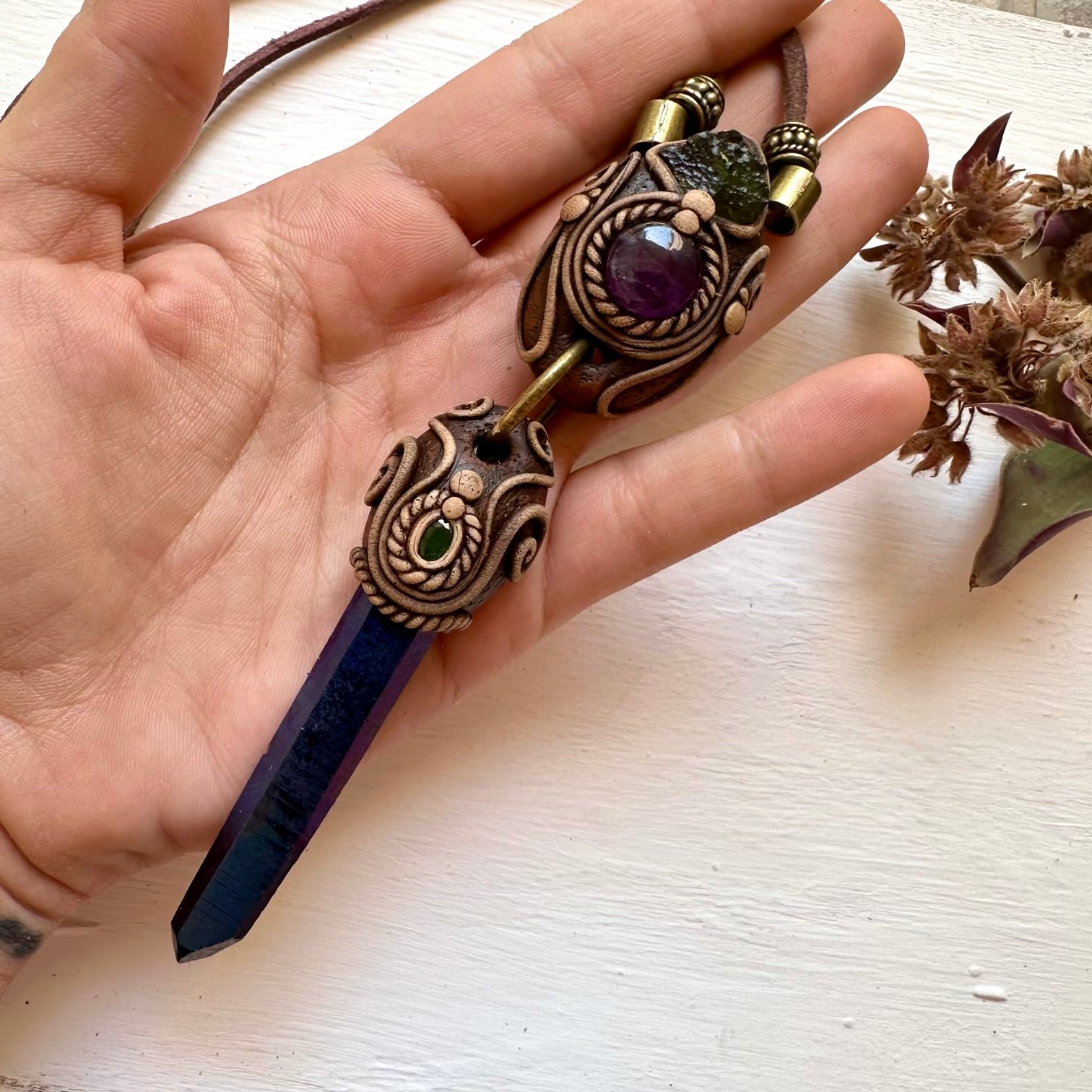 Cobalt Aura Quartz Necklace, Moldavite Amethyst and Emerald Crystal Necklace - FairyGardenGlow