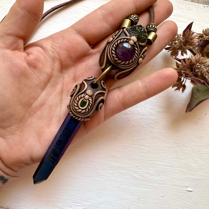 Cobalt Aura Quartz Necklace, Moldavite Amethyst and Emerald Crystal Necklace - FairyGardenGlow
