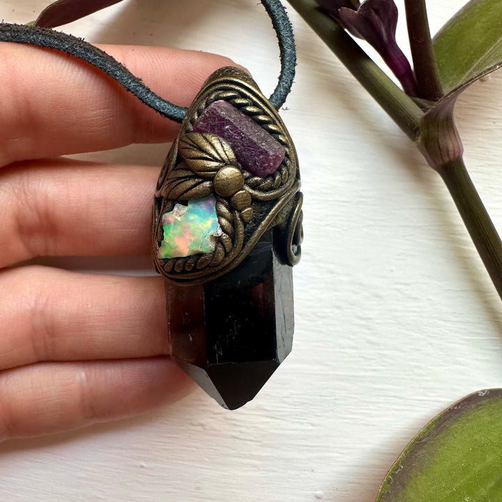 Smoky Quartz Ruby and Raw Opal Necklace - FairyGardenGlow