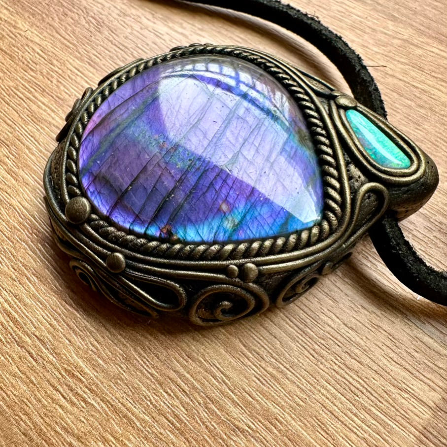 Large Purple Labradorite and Australian Opal Necklace, Unique Crystal Pendant - FairyGardenGlow