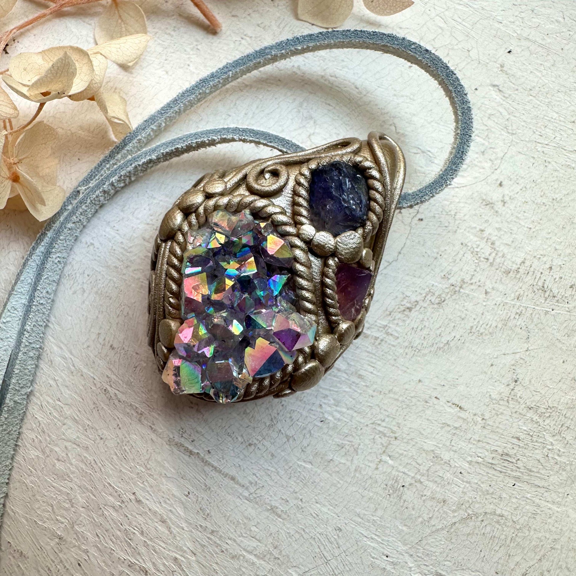 Angel Aura Amethyst Tanzanite and Spinel Pendant - FairyGardenGlow