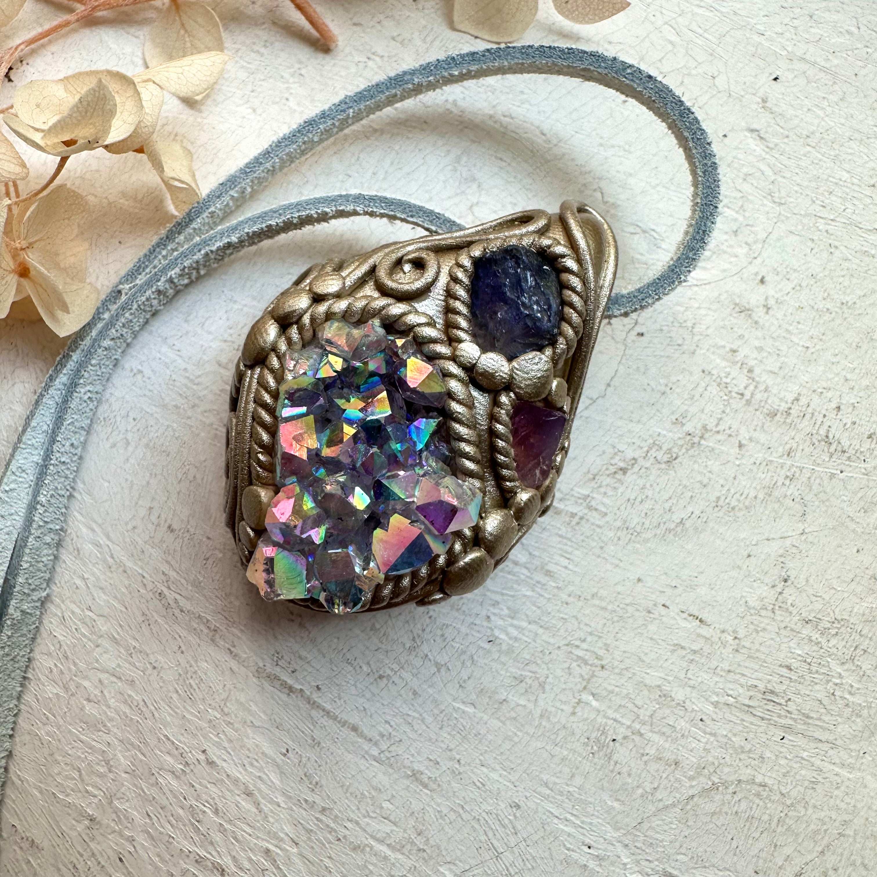 Angel Aura Amethyst Tanzanite and Spinel Pendant - FairyGardenGlow