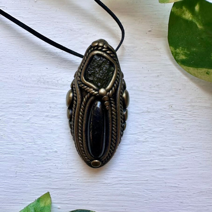 Black Tourmaline and Moldavite Necklace - FairyGardenGlow