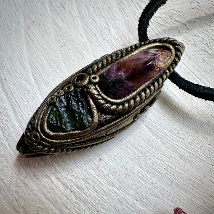 Super Seven Quartz and Moldavite Necklace - FairyGardenGlow