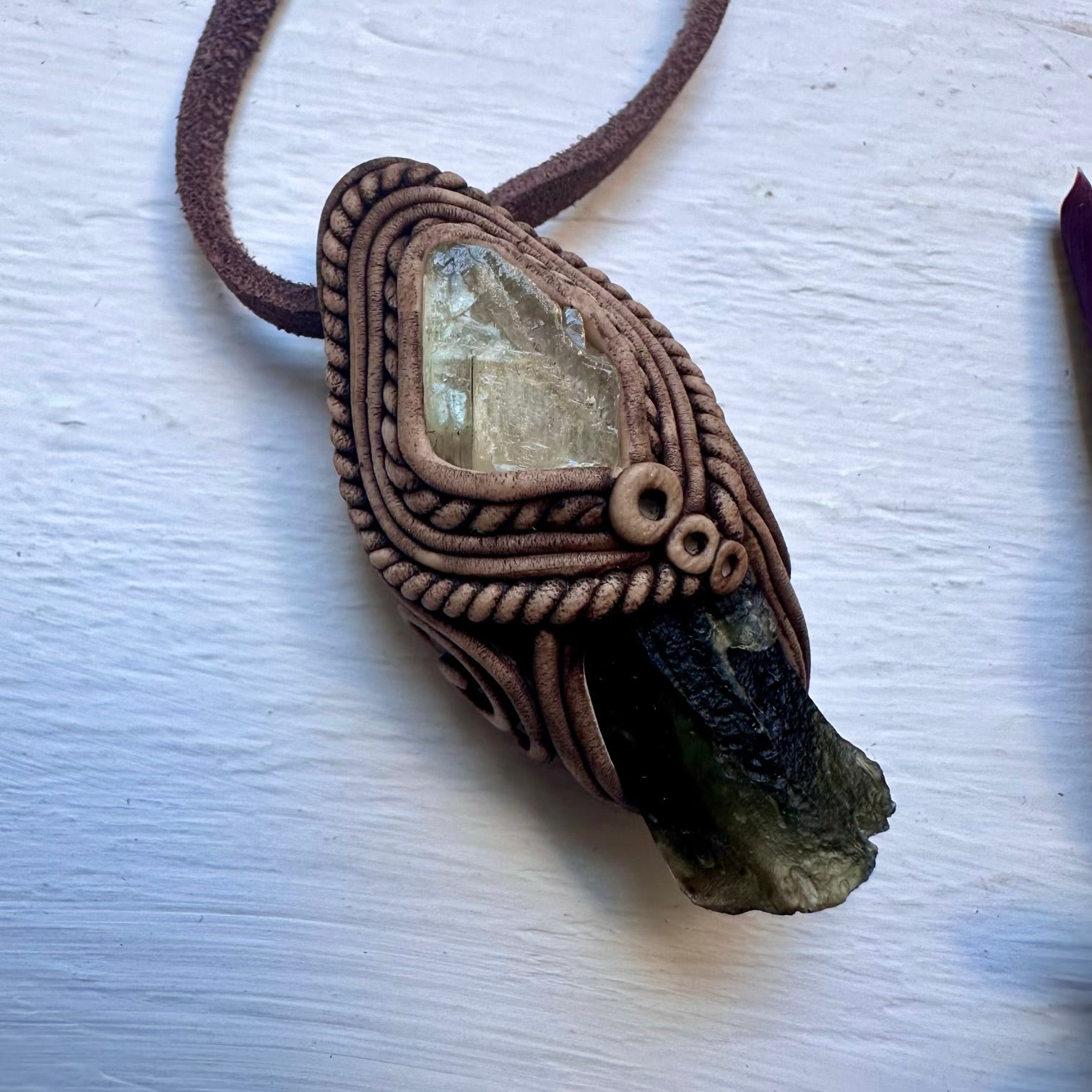 Moldavite and Hiddenite Pendant Necklace - FairyGardenGlow