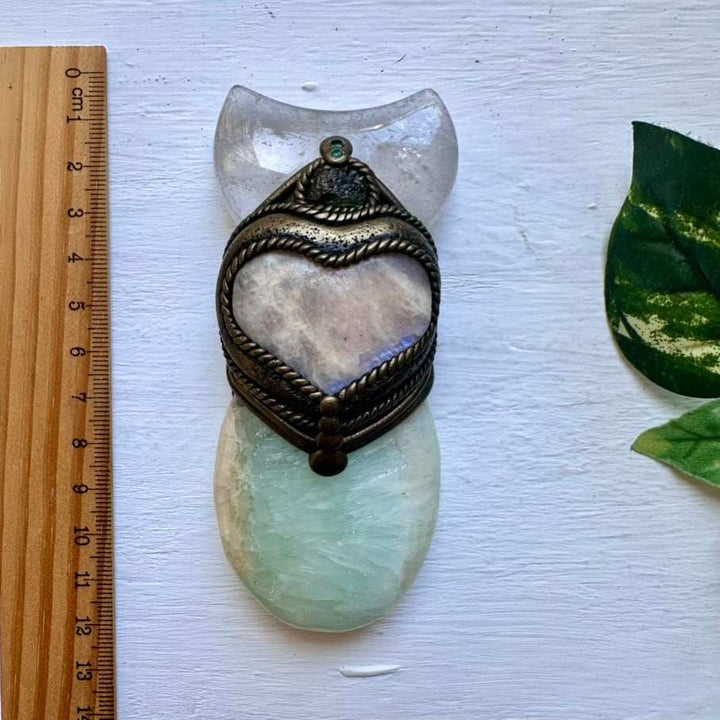Handmade Crystal Wand with Pistachio Calcite Clear Quartz Moon Moldavite Moonstone Heart and Emerald - FairyGardenGlow