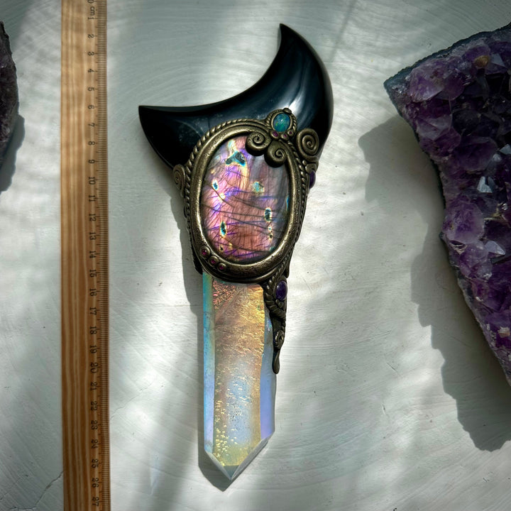 Large Angel Aura Quartz Black Obsidian Moon Labradorite Australian Opal Amethyst and Ruby Wand - FairyGardenGlow