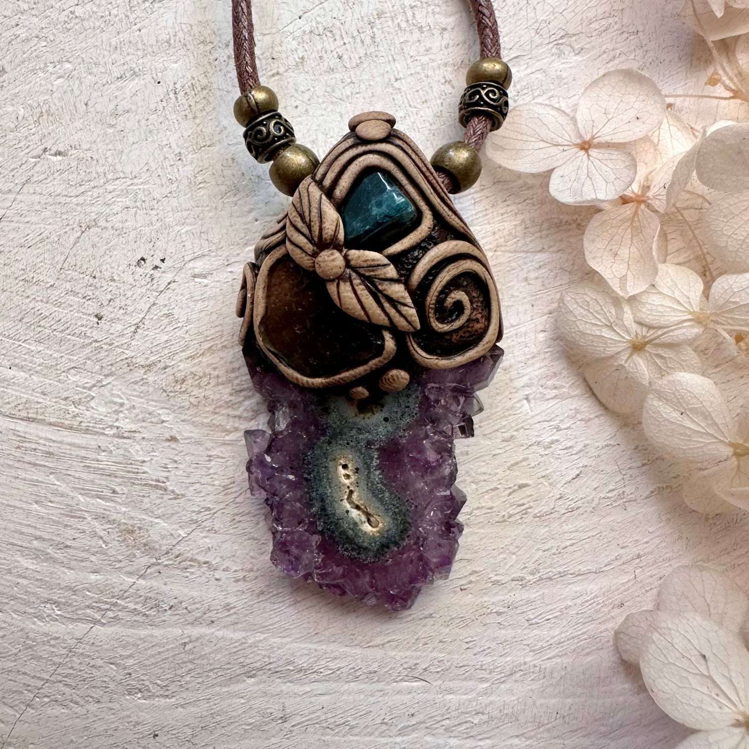 Amethyst Stalactite Blue Tourmaline and Moldavite Pendant - FairyGardenGlow