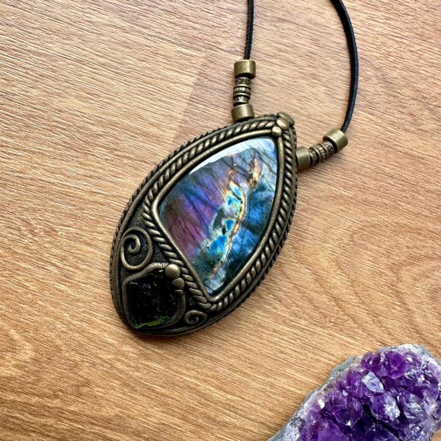 Purple Labradorite and Moldavite Necklace, Handmade Protection Amulet - FairyGardenGlow