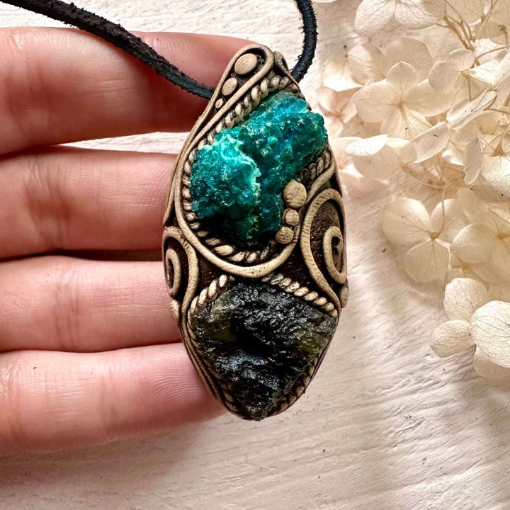 Raw Chrysocolla and Moldavite Pendant Necklace - FairyGardenGlow