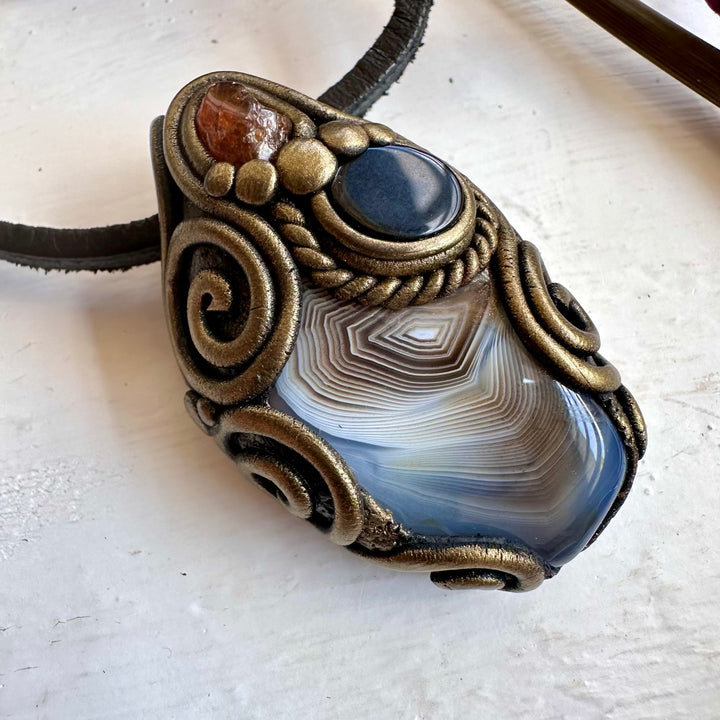 Botswana Agate Black Onyx and Hessonite Garnet Pendant Necklace - FairyGardenGlow