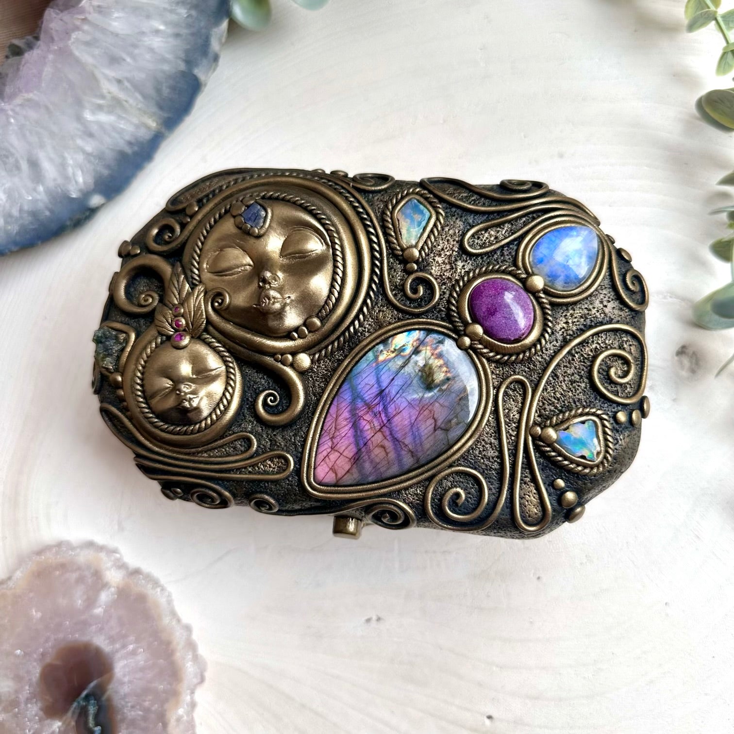 Goddess Wooden Box with Purple Labradorite, Stichtite, Rainbow Moonstone, Raw Ethiopian Opal, Tanzanite, Moldavite, Amethyst, Rose Quartz and Ruby, Handmade Crystal Home Decor