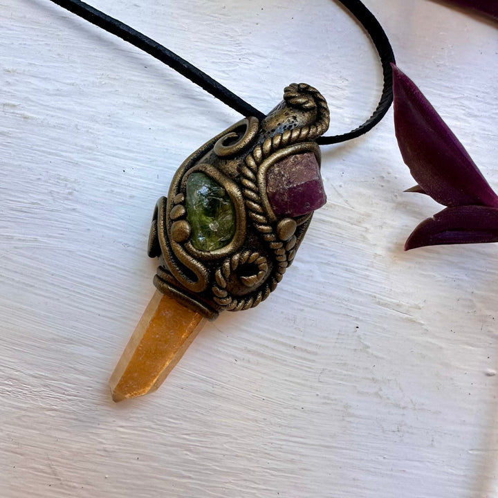 Tangerine Aura Quartz Peridot and Ruby Necklace - FairyGardenGlow