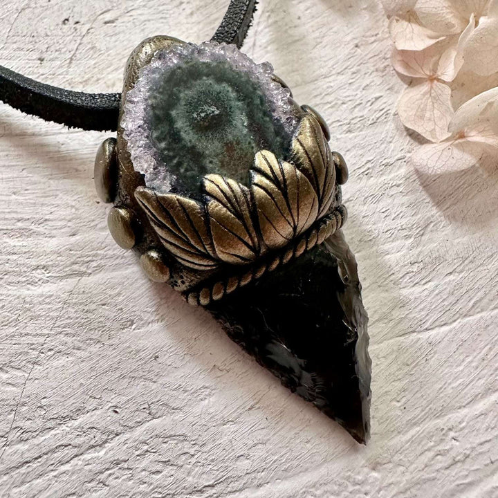 Black Obsidian Arrowhead and Amethyst Stalactite Necklace - FairyGardenGlow