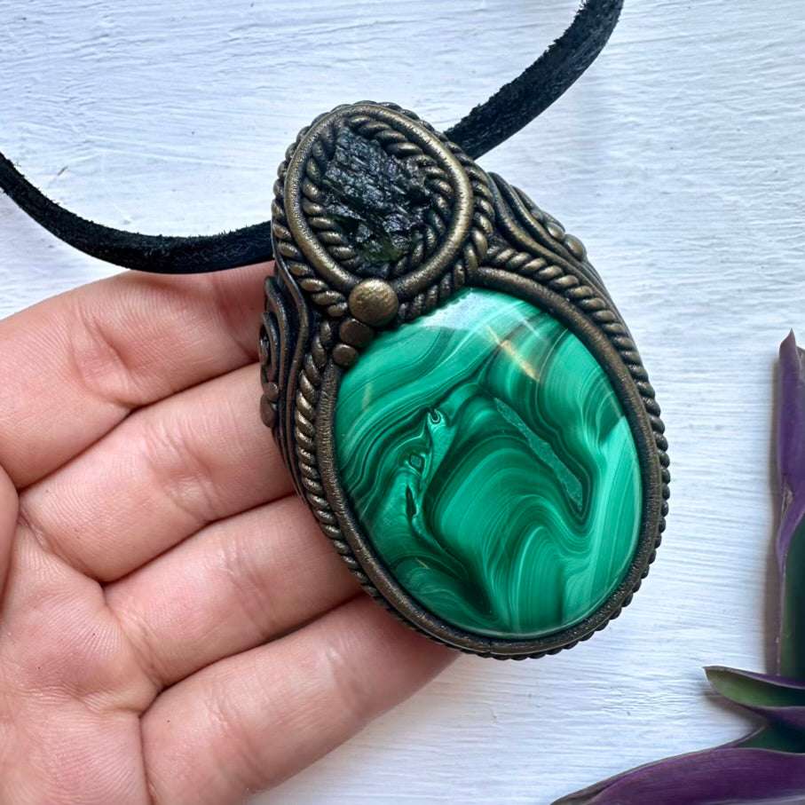 Malachite and Moldavite Necklace - FairyGardenGlow