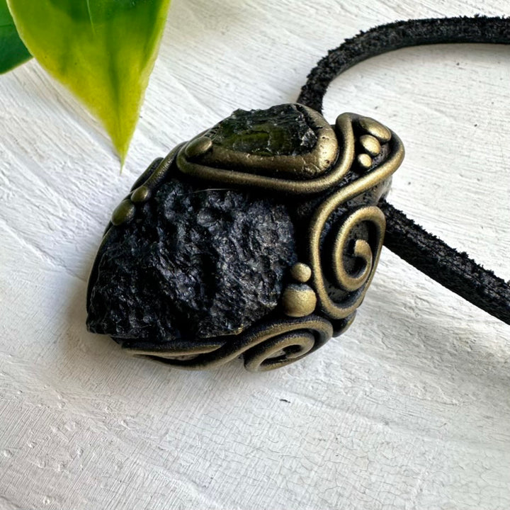 Black Tektite and Moldavite Crystal Necklace – Handmade Jewelry for Protection and Renewal