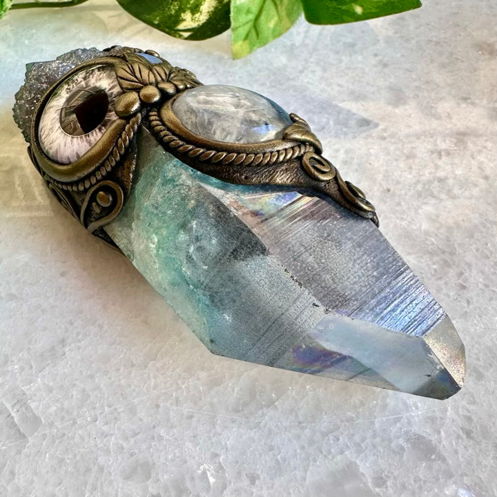 Aqua Aura Quartz Rainbow Moonstone Aqua Aura Spirit Quartz Australian Opal and Tanzanite Third Eye Healing Crystal Wand - FairyGardenGlow