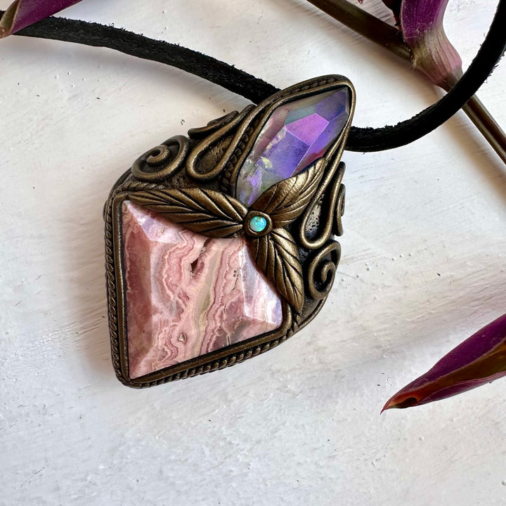 Rhodochrosite Angel Aura Quartz and Australian Opal Pendant Necklace - FairyGardenGlow