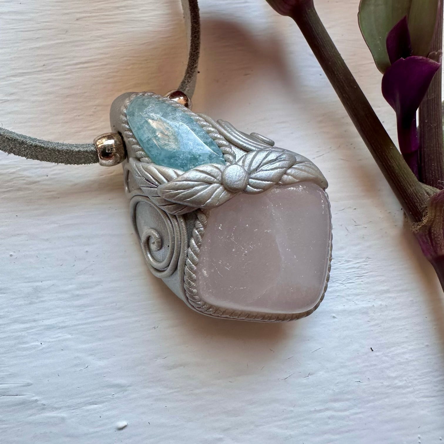 Mango Calcite and Aquamarine Pendant Necklace - FairyGardenGlow