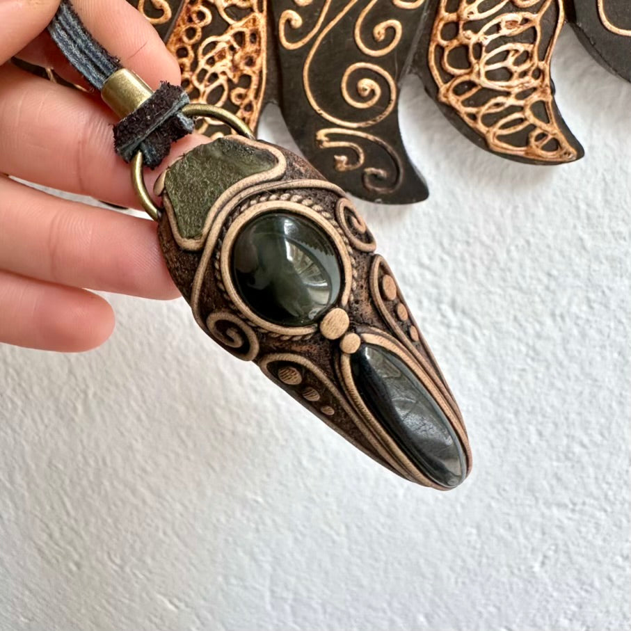 Black Tourmaline Rainbow Obsidian and Moldavite Pendant Necklace