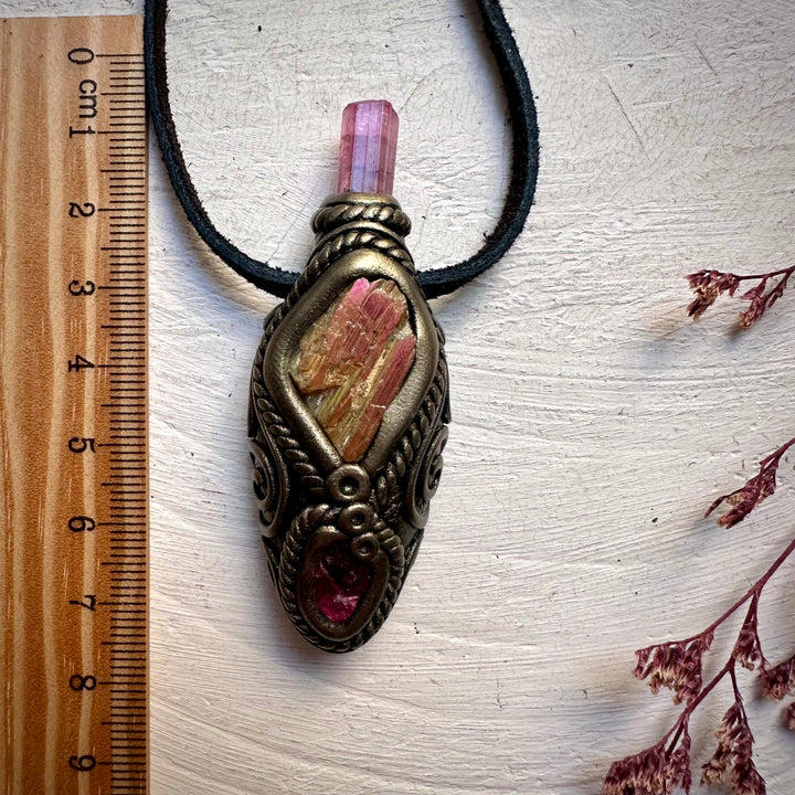 Sunset Aura Kunzite with Pink Tourmaline and Rhodonite Necklace - FairyGardenGlow