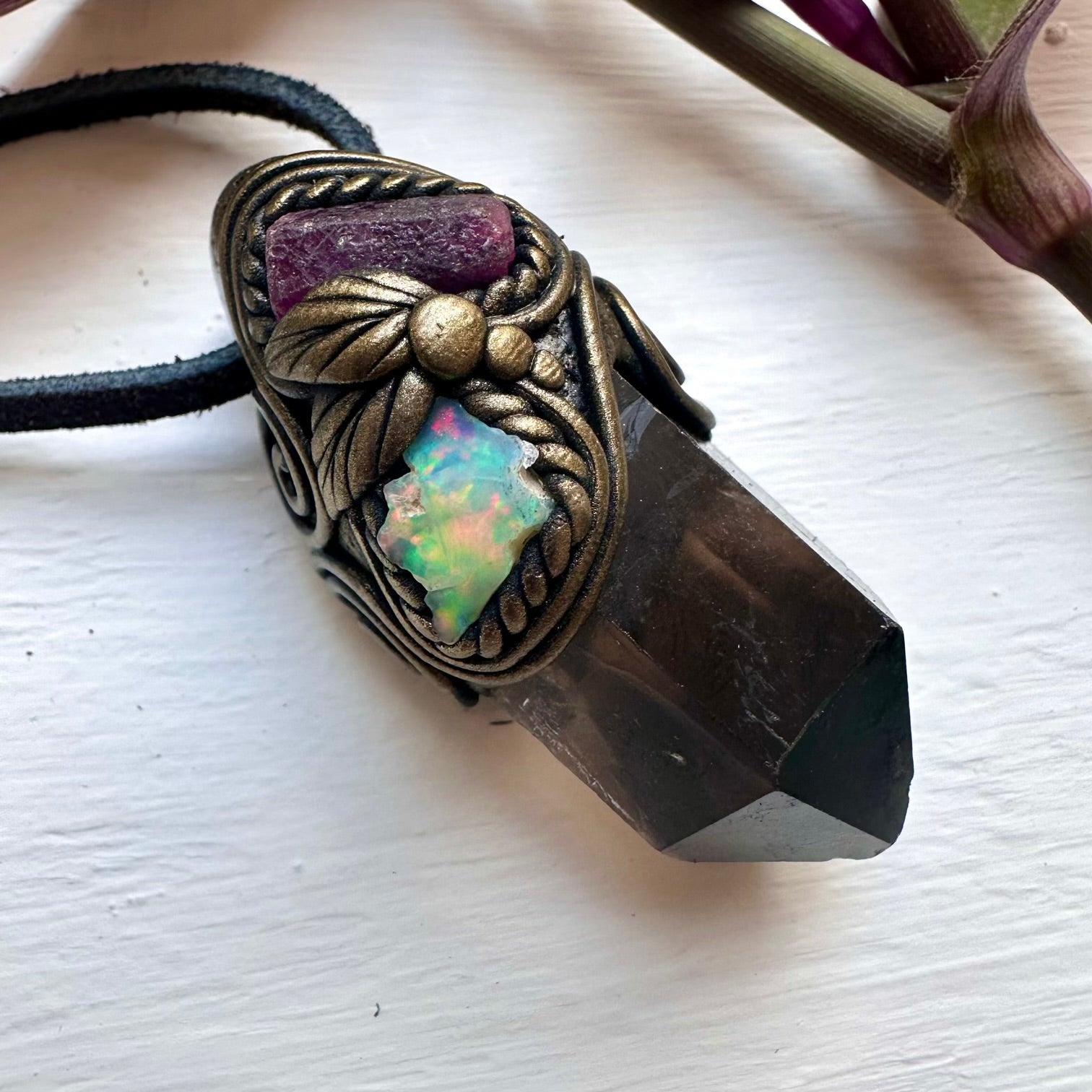 Smoky Quartz Ruby and Raw Opal Necklace - FairyGardenGlow