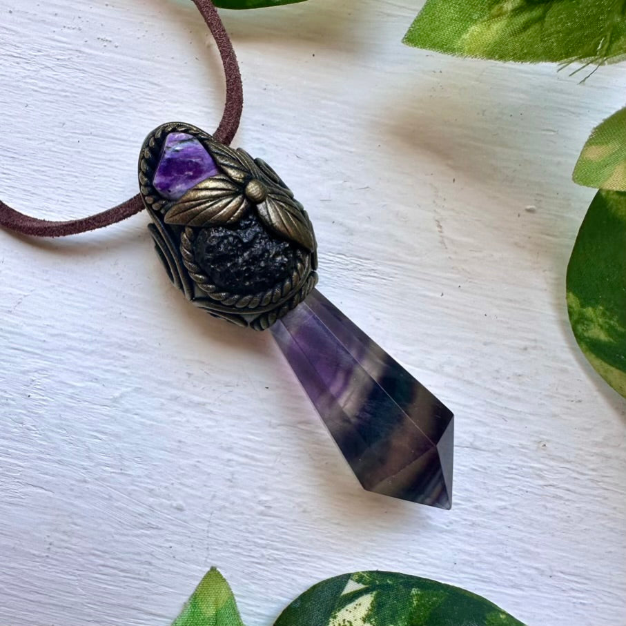 Rainbow Fluorite Moldavite and Charoite Healing Crystal Talisman - FairyGardenGlow