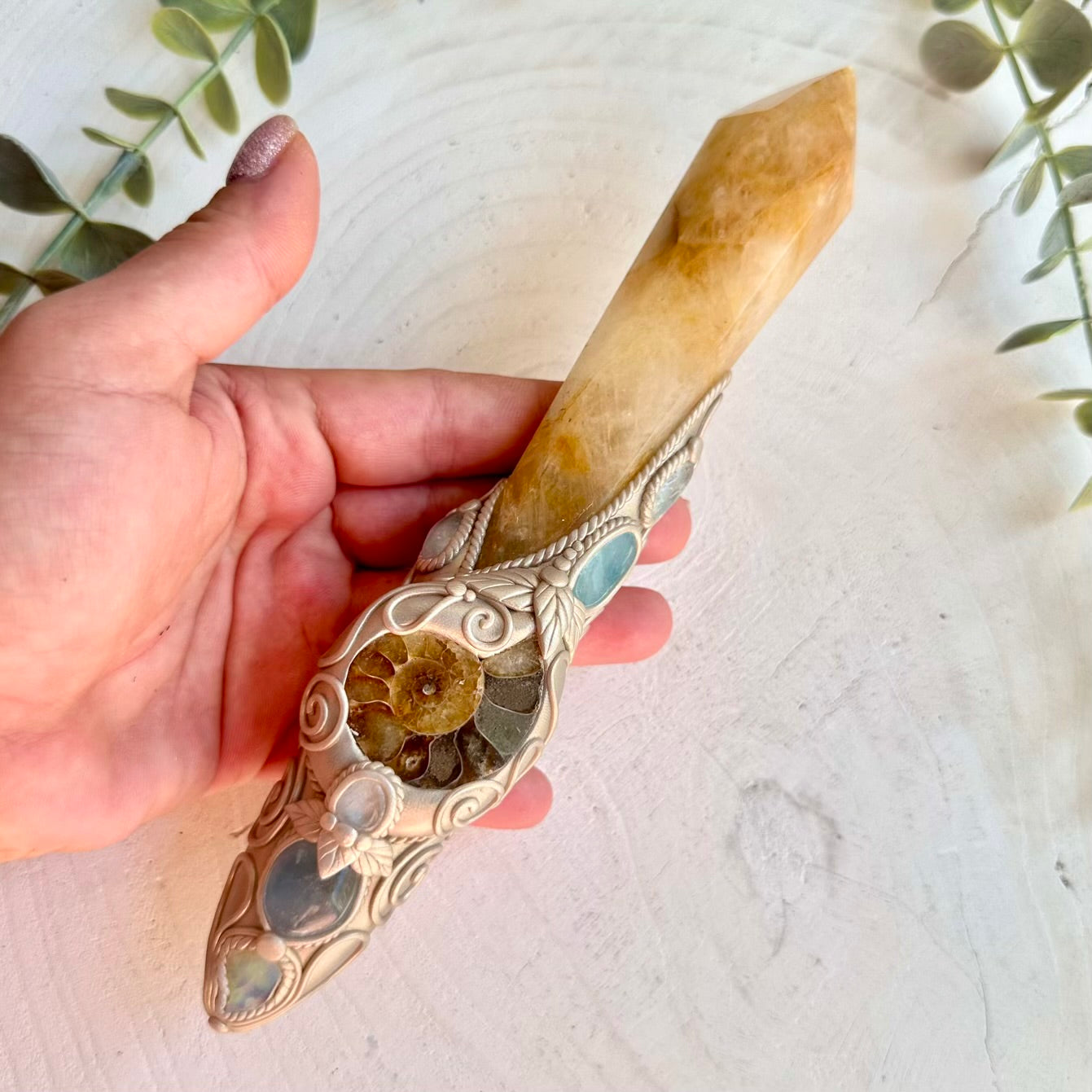Spiritual energy wand with Golden Healer Ammonite Aquamarine Celestite Blue Topaz and Raw Ethiopian Opal